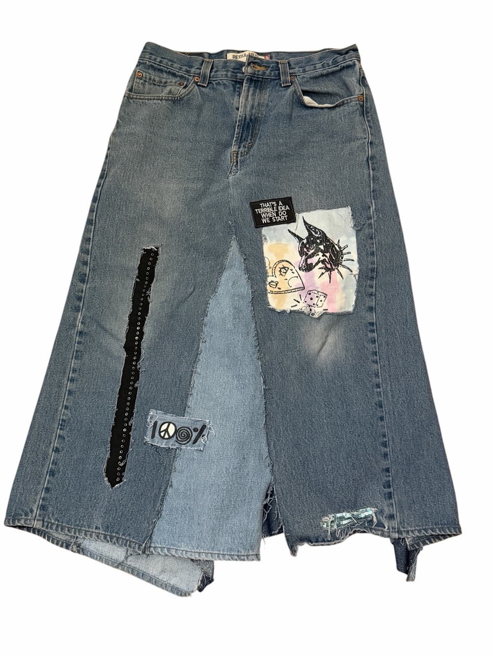 Levi's Blue Denim Patchwork A-Line Skirt with Graphic Patches